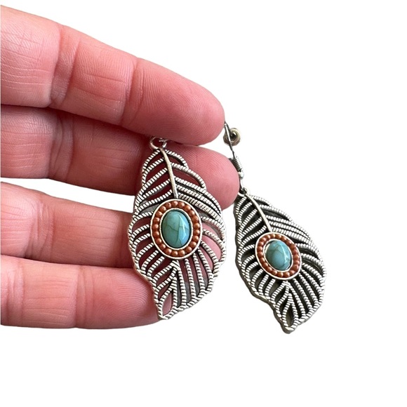 Silver and Turquoise Cut Metal Feather Earrings - Picture 4 of 5